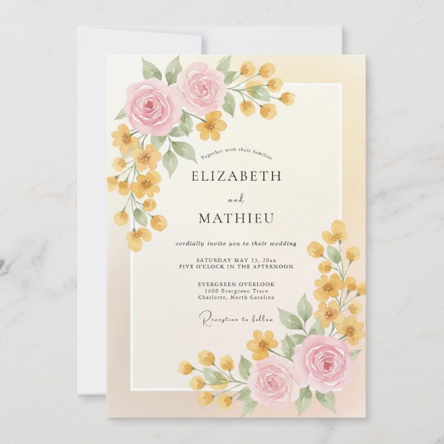 Invitation Mariage Renoncule Eucalyptus Crème Or (Devant)