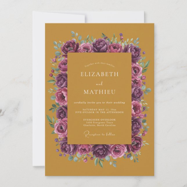 Invitation Mariage Renoncule Eucalyptus Prune Moutarde (Devant)