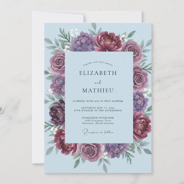 Invitation Mariage Renoncule Eucalyptus Prune Pervenche (Devant)
