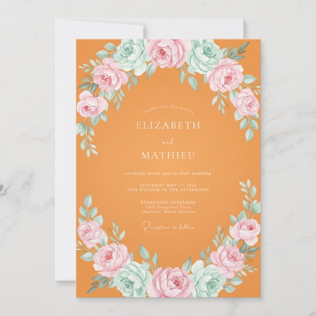 Invitation Mariage Renoncule Eucalyptus Rose Orange (Devant)