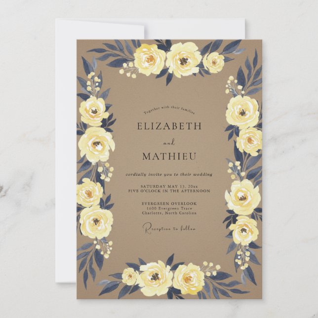 Invitation Mariage Renoncule Eucalyptus Taupe Navy (Devant)