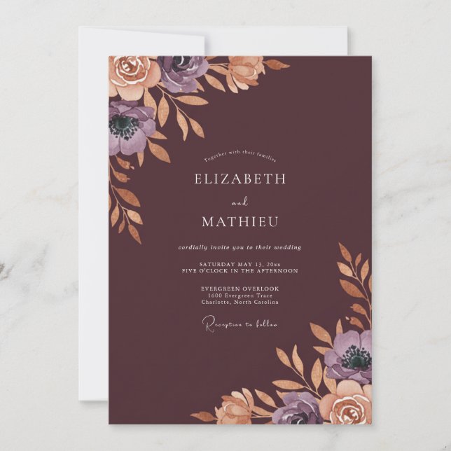 Invitation Mariage Renoncule Eucalyptus Vin Profond (Devant)