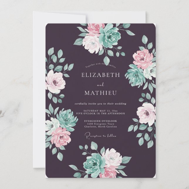 Invitation Mariage Renoncule Menthe Prune Sauge (Devant)