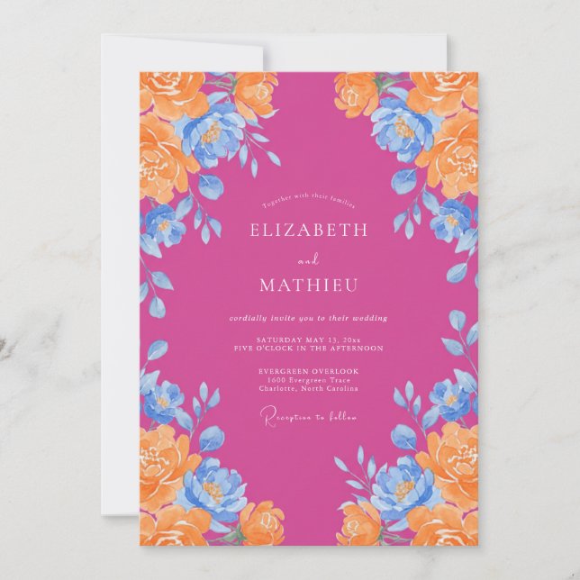 Invitation Mariage Renoncule Orange Magenta Sage (Devant)