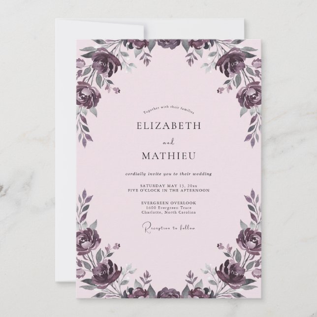 Invitation Mariage Renoncule Plum Foncé Feuillage Eucalyptus  (Devant)