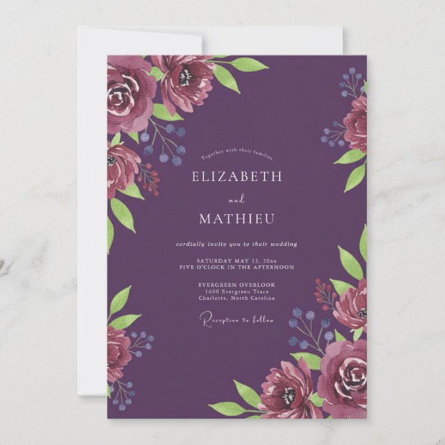 Invitation Mariage Renoncule Prune Profonde Eucalyptus Poussi (Devant)
