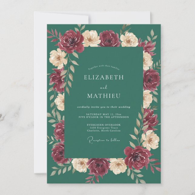 Invitation Mariage Renoncule Sarcelle Bourgogne Eucalyptus Do (Devant)