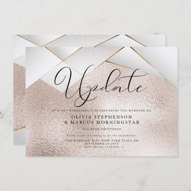 Invitation Mariage reporté à Modern Rose Gold Pearl Facets (Devant / Derrière)