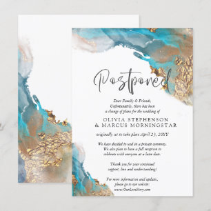 Invitation Mariage Reporté Abstrait Bleu Canard et Or