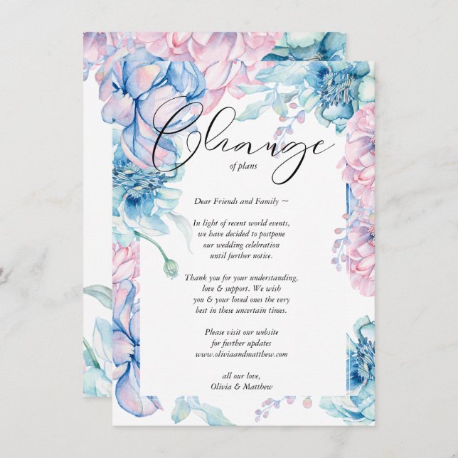 Invitation Mariage Reporté Aquarelle Fleurs Roses et Bleues (Devant / Derrière)