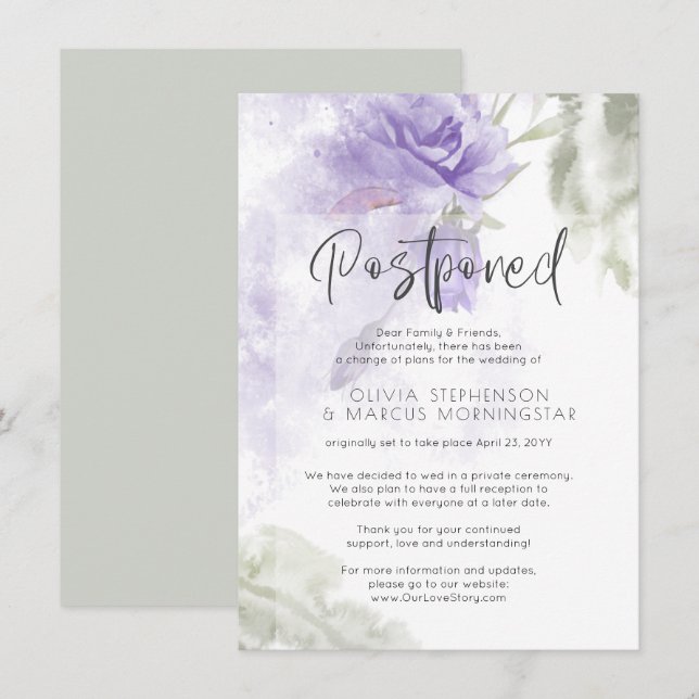 Invitation Mariage Reporté Aquarelle Fleurs Violettes (Devant / Derrière)