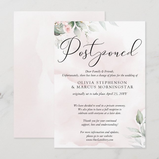 Invitation Mariage Reporté Aquarelle Rose Pâle Blush (Devant / Derrière)