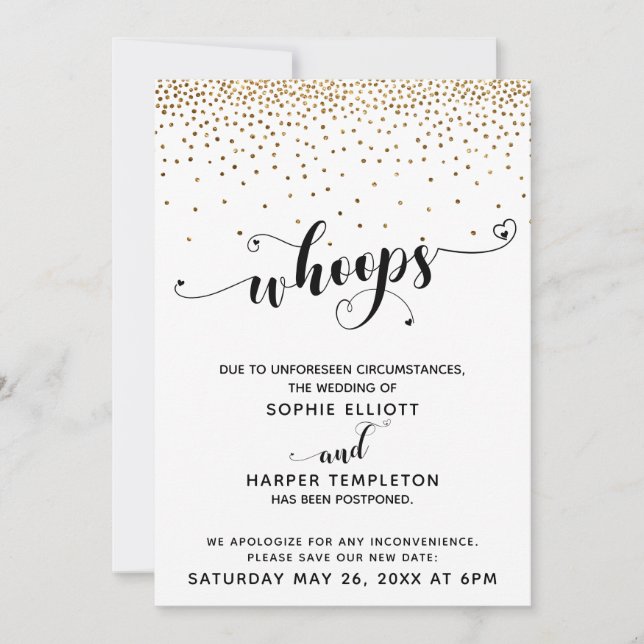 Invitation Mariage reporté Confetti Or & Coeurs Oups (Devant)