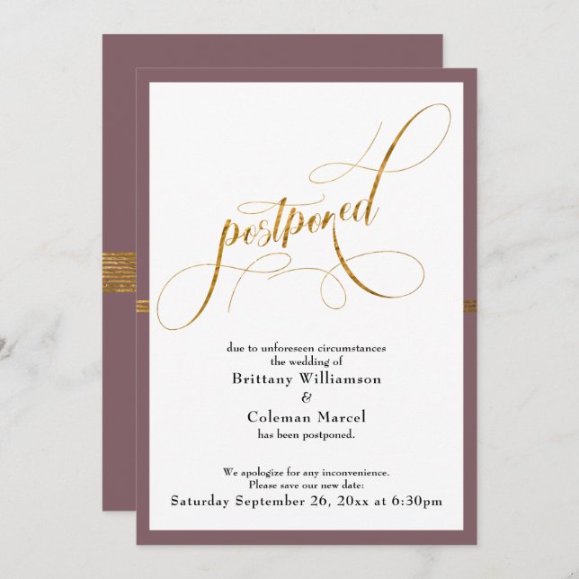 Invitation Mariage reporté Elegant Mauve & Gold Stripe Card (Devant / Derrière)