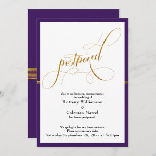 Invitation Mariage reporté Elegant Purple Gold Stripe Card