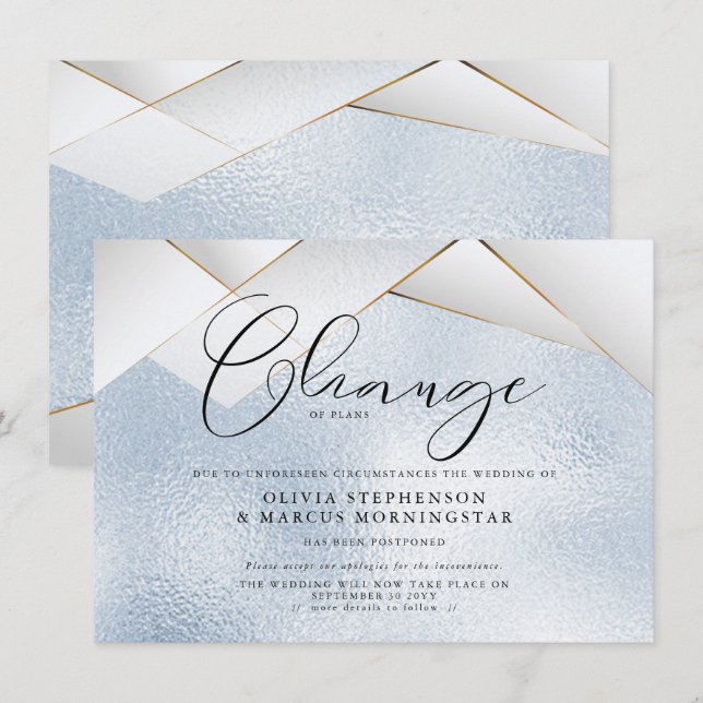 Invitation Mariage reporté Facettes de perle bleu ciel (Devant / Derrière)