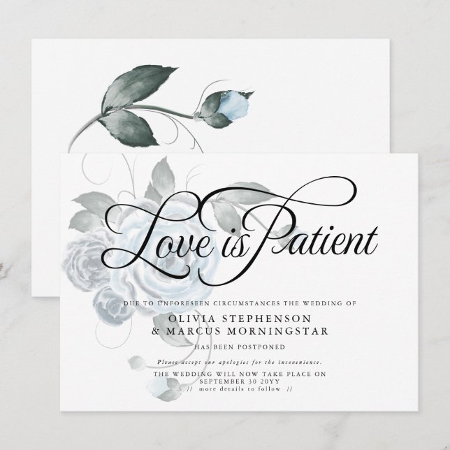 Invitation Mariage Reporté  Fleurs Bleu Poussiéreux Aquarelle (Devant / Derrière)