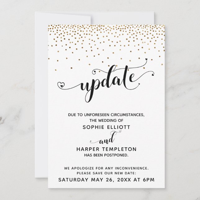 Invitation Mariage Reporté Gold Confetti & Hearts Mise à Jour (Devant)