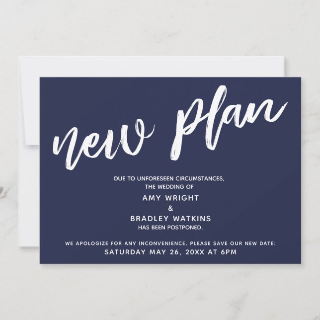 Invitation Mariage Reporté Nouveau Plan Annonce Bleu Marine (Devant)