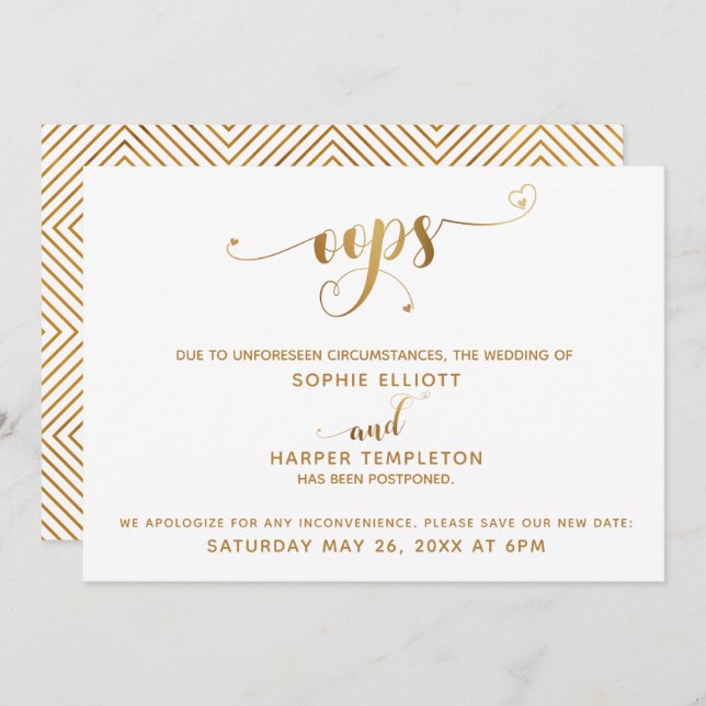 Invitation Mariage reporté "Oups !" Script Gold Hearts (Devant / Derrière)