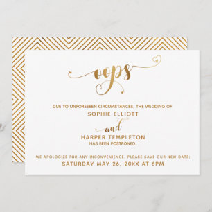 Invitation Mariage reporté "Oups !" Script Gold Hearts