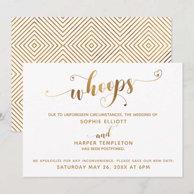 Invitation Mariage Reporté "Whoops" Script Cœurs Or (Devant / Derrière)