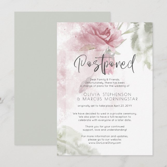 Invitation Mariage Repoussé Aquarelle Fleurs Rose Poussiéreux (Devant / Derrière)