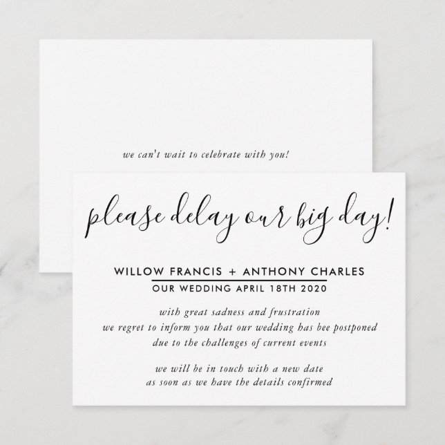 Invitation MARIAGE REPoussé retarder notre grand jour info si (Devant / Derrière)