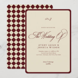Invitation Mariage Rétro à Carreaux de Border Ivory & Bourgog