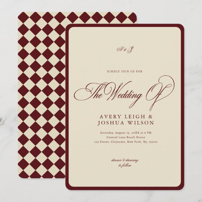 Invitation Mariage Rétro à Carreaux de Border Ivory & Bourgog (Devant / Derrière)