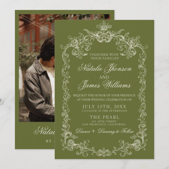 Invitation Mariage Rétro à l'Ancienne Mode Olive Verte (Devant / Derrière)