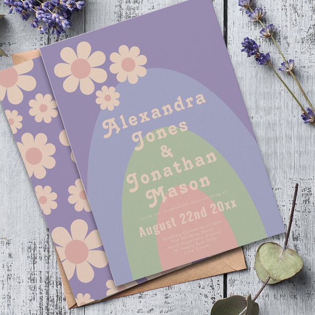 Invitation Mariage Rétro Années 70 Couleurs Pastel Psychedéli (Modern retro daisy arch pastel wedding invitation with groovy 70s vintage typography )