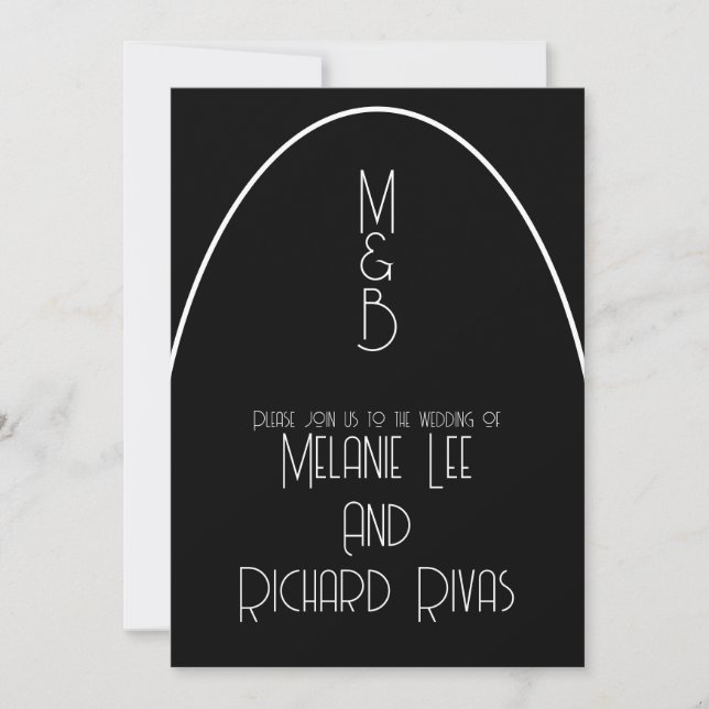 Invitation Mariage rétro Arch Initial Noir Blanc B (Devant)