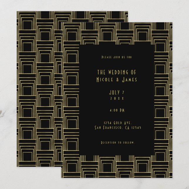 Invitation Mariage Rétro Art Déco Géométrique Noir Or  (Devant / Derrière)