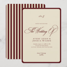 Invitation Mariage Rétro avec Bordure Rayée Ivoire & Bourgogn