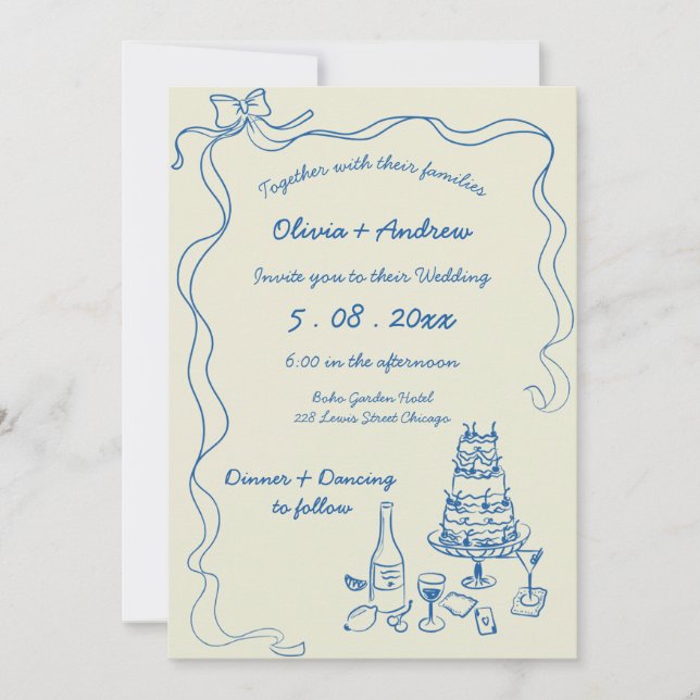 Invitation Mariage rétro avec écriture manuscrite dessinée à  (Devant)
