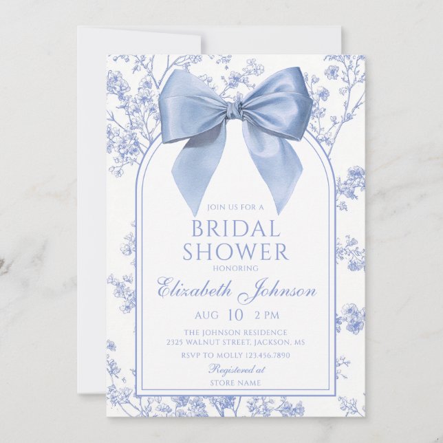 Invitation Mariage rétro avec nœud bleu et fleurs (Devant)