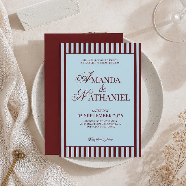 Invitation Mariage Rétro Bleu Glace et Rayures Bourguignonnes (Créateur téléchargé)