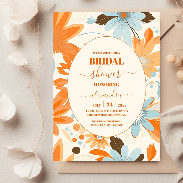 Invitation Mariage rétro boho orange bleu floral groovy (Créateur téléchargé)