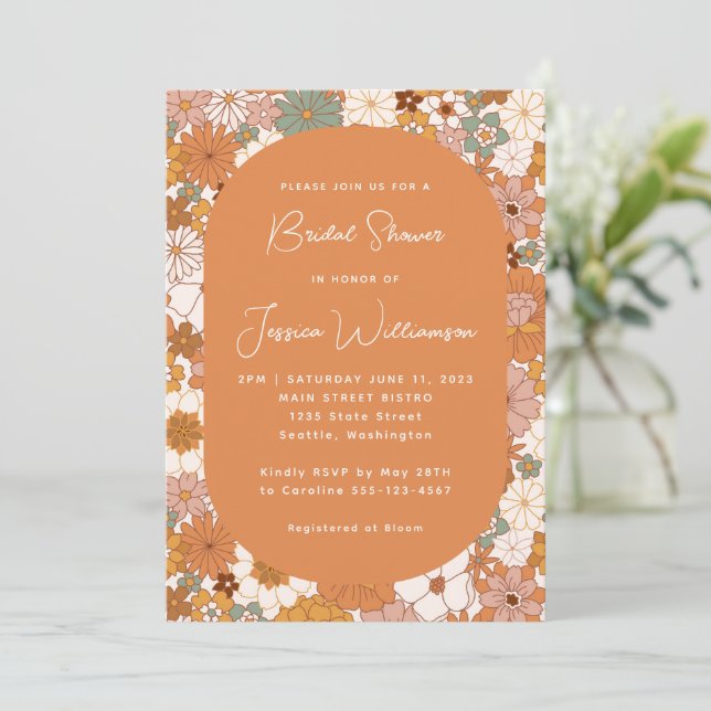 Invitation Mariage rétro boho terre cuite floral tendance (Debout devant)