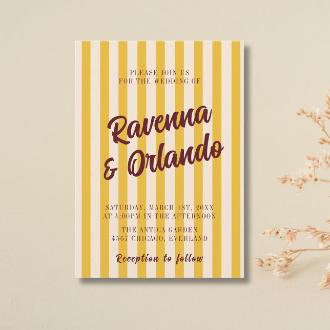Invitation Mariage rétro bordeaux avec rayures pêche (Créateur téléchargé)