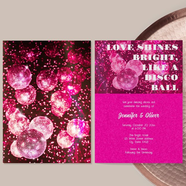 Invitation Mariage Rétro Boule à Facettes Rose Pailleté Chic (Front and Back)