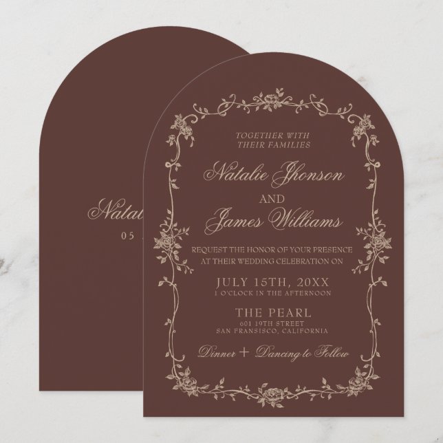 Invitation Mariage Rétro Brun Beige Chocolat Floral Arqué (Devant / Derrière)