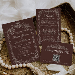 Invitation Mariage Rétro Brun Chocolat Ancien Argent