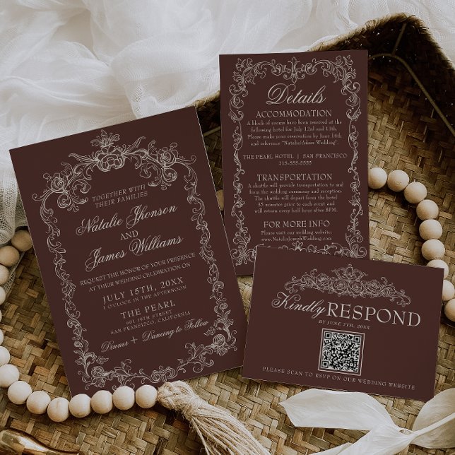 Invitation Mariage Rétro Brun Chocolat Ancien Argent (Créateur téléchargé)