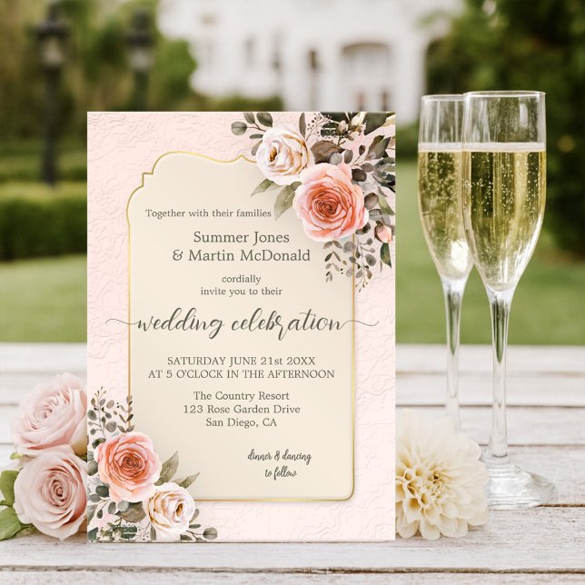 Invitation Mariage Rétro Chic Aquarelle Roses Roses Fuschées (Watercolor wedding invitation featuring blush pink roses on romantic retro peach and tan)