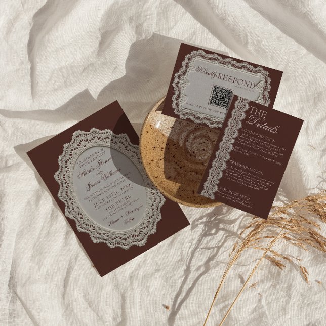 Invitation Mariage rétro chocolat marron dentelle napperon vi (Créateur téléchargé)