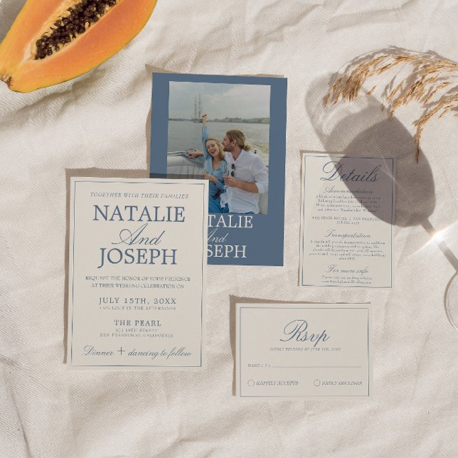 Invitation Mariage Rétro Classe Bleu Et Blanc D'argent (Créateur téléchargé)