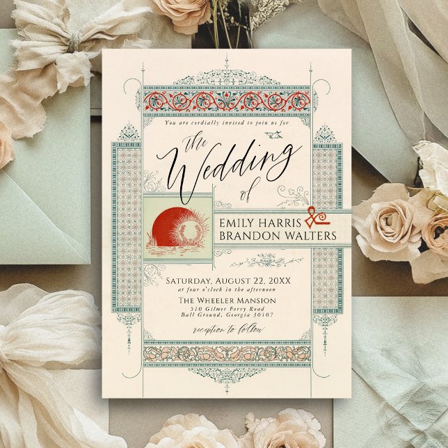 Invitation Mariage Rétro Élégant à l'ancienne de Style Victor (Vintage light sage green elegant Victorian old money retro ornate frame QR code wedding invitation)