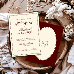 Invitation Mariage rétro élégant bordeaux et ivoire ovale dan